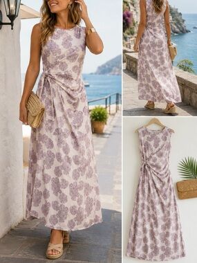Saiph Floral Sleeveless Satin Tie Waist Maxi Dress Sz Small🧡🍄